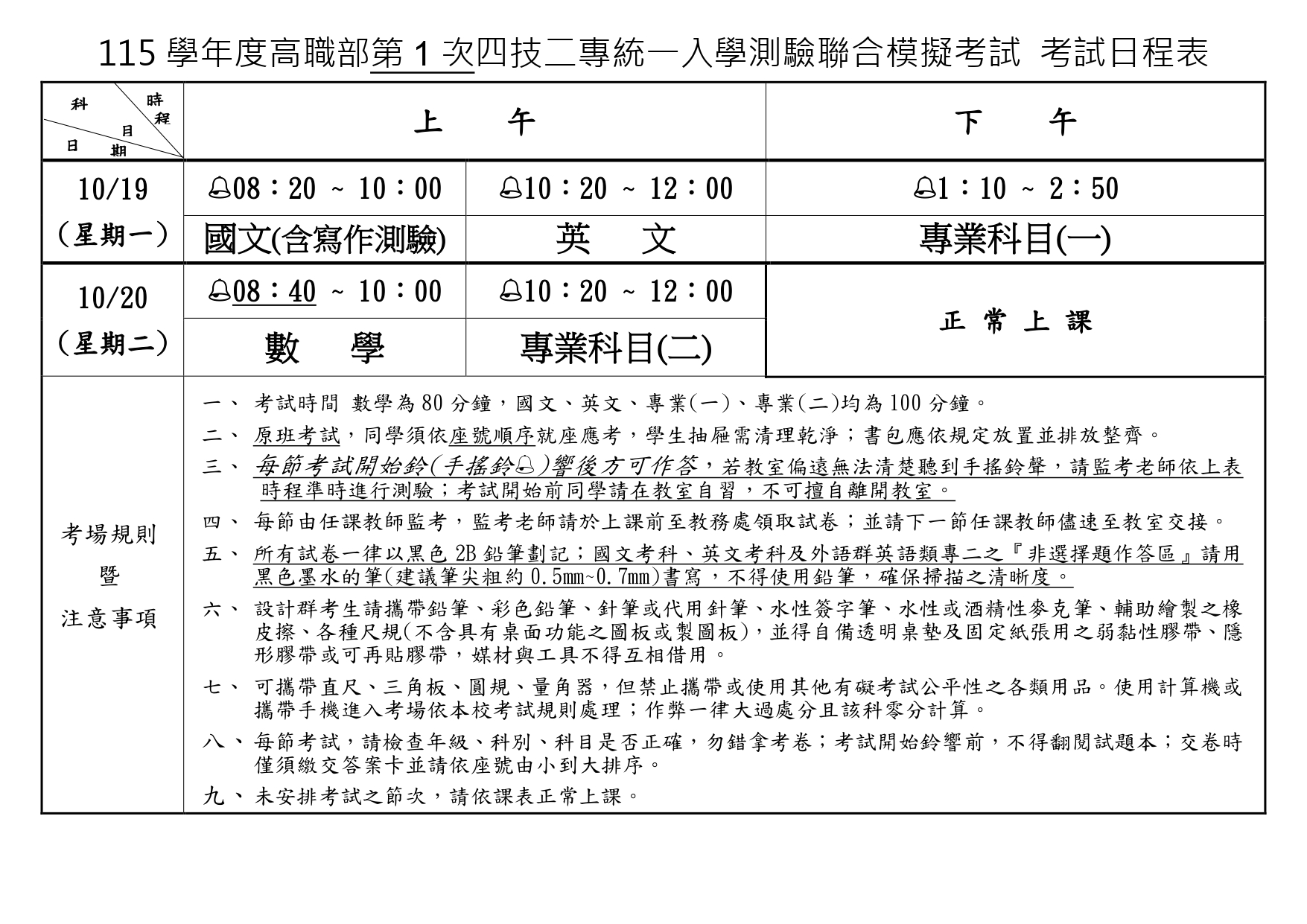 115-1 第1次統測模擬考日程表