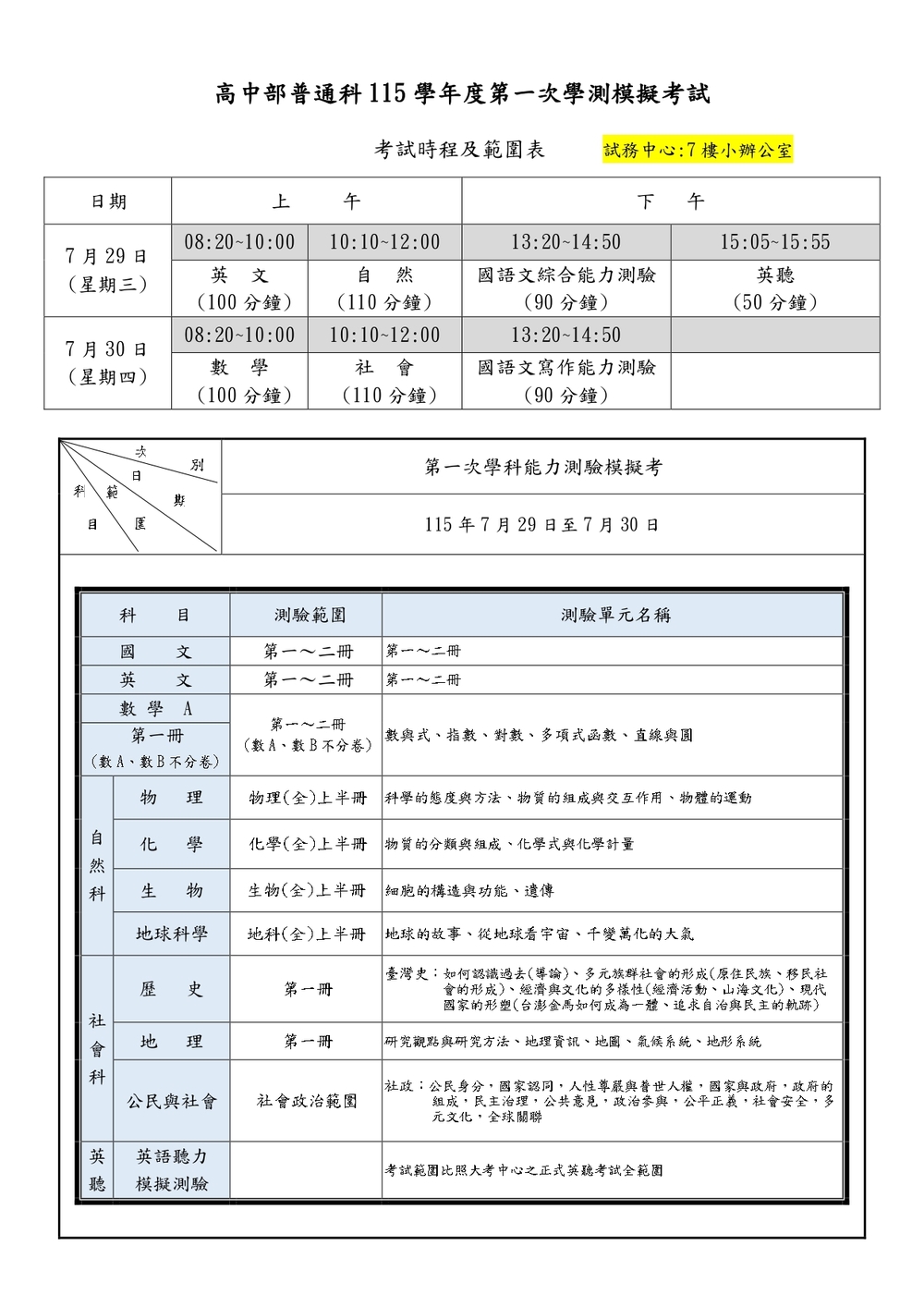 115-1高二及高三各班第一次學測模擬考考程及各科範圍─7月29日(三)及7月30日(四)