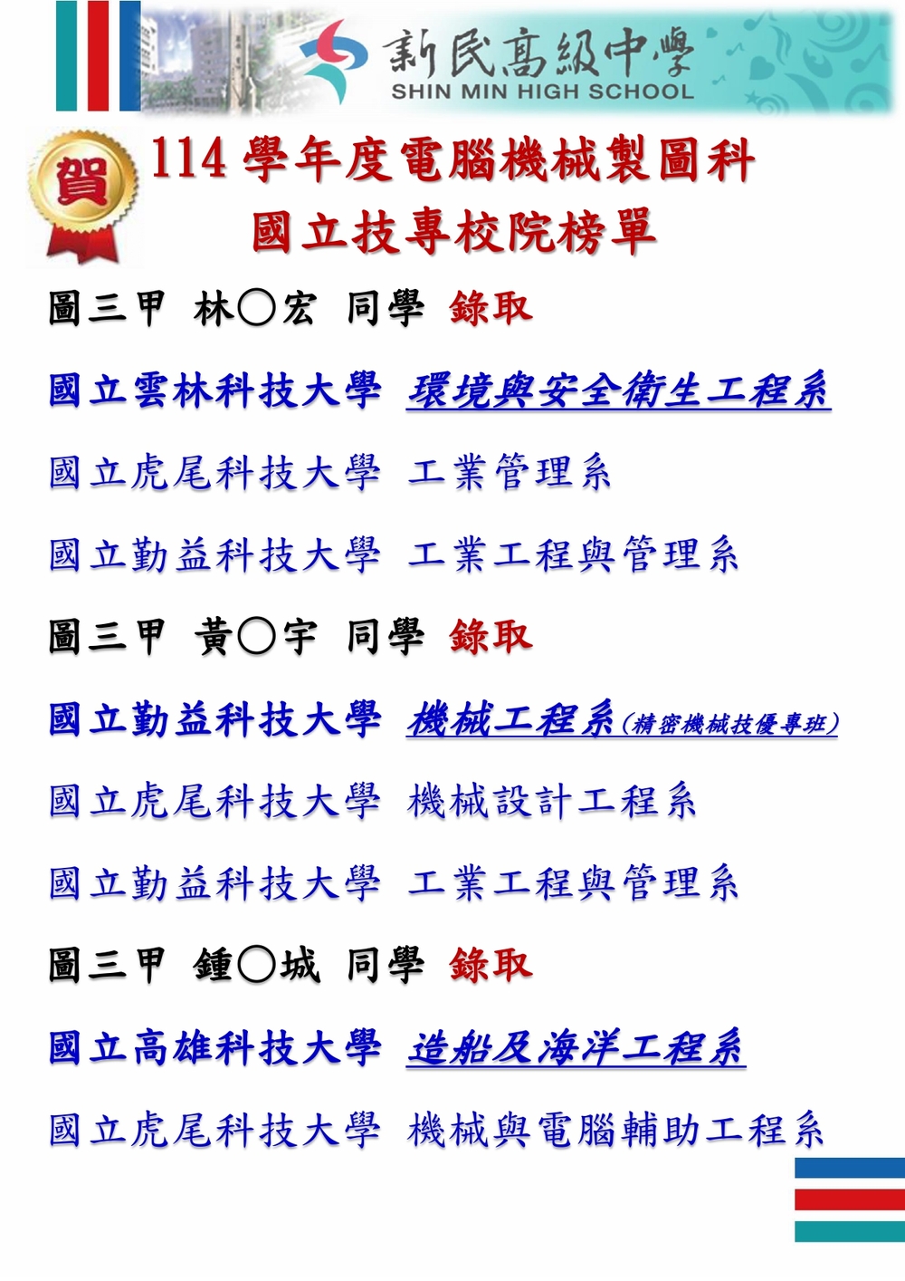 電腦機械製圖科114學年度升學榜單