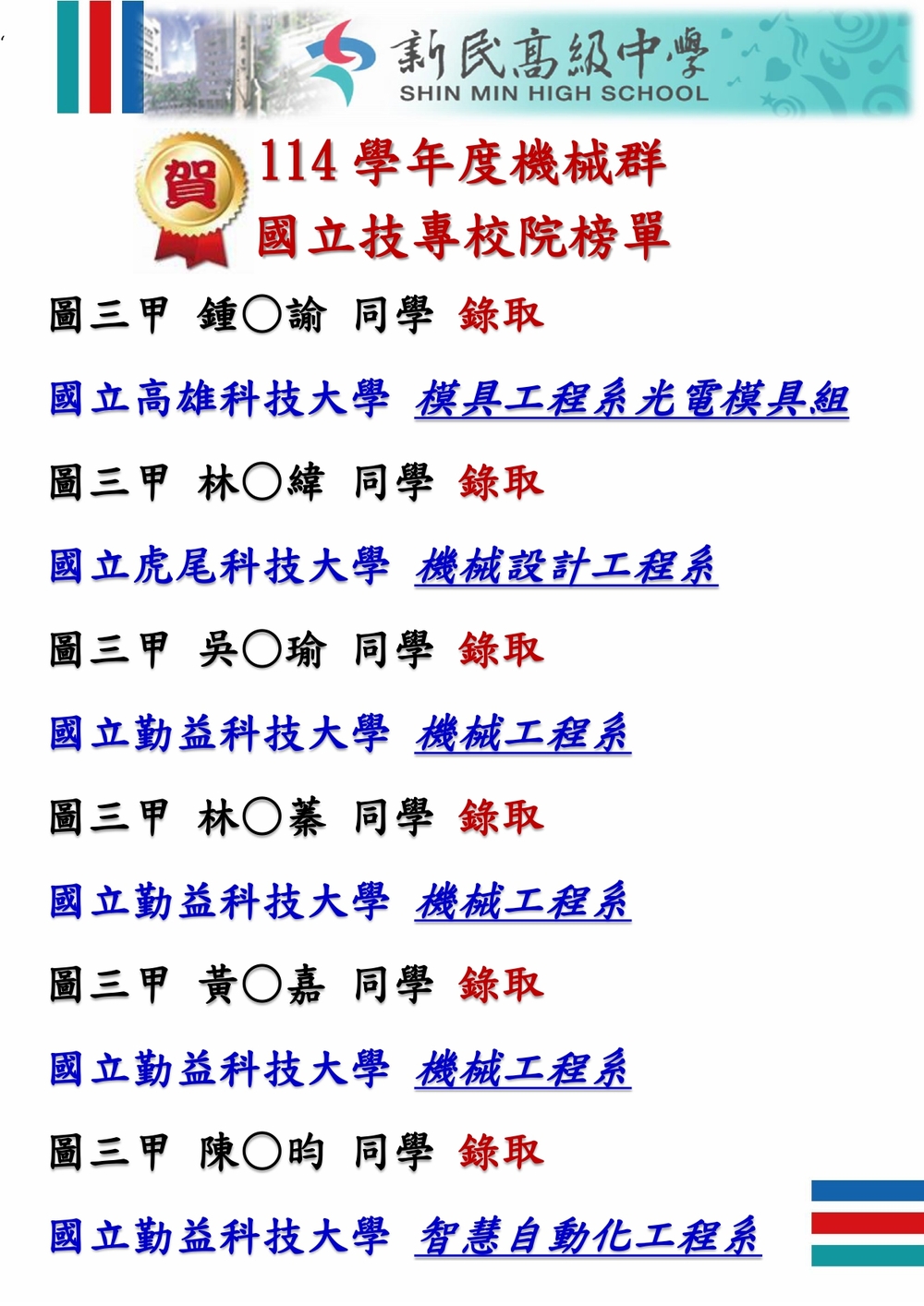 電腦機械製圖科114學年度升學榜單